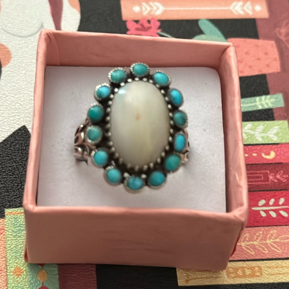 Vintage sterling silver, turquoise and opal ring